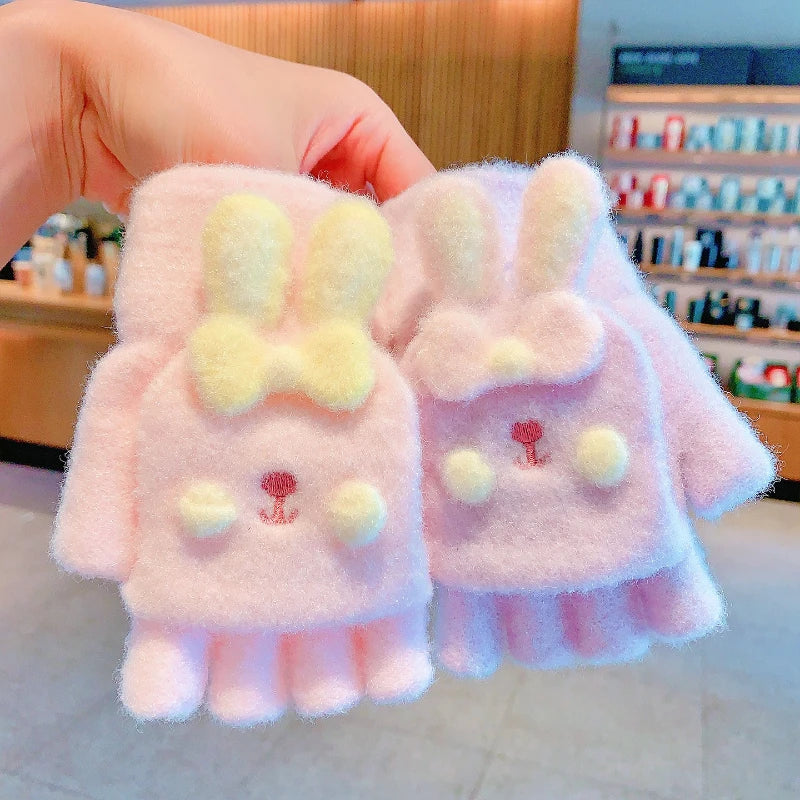 Winter Plush Knitted Cartoon Rabbit Flexible Flip-top Gloves Thicken Warm Cute Gloves For Baby Girls Half Finger Children Gloves