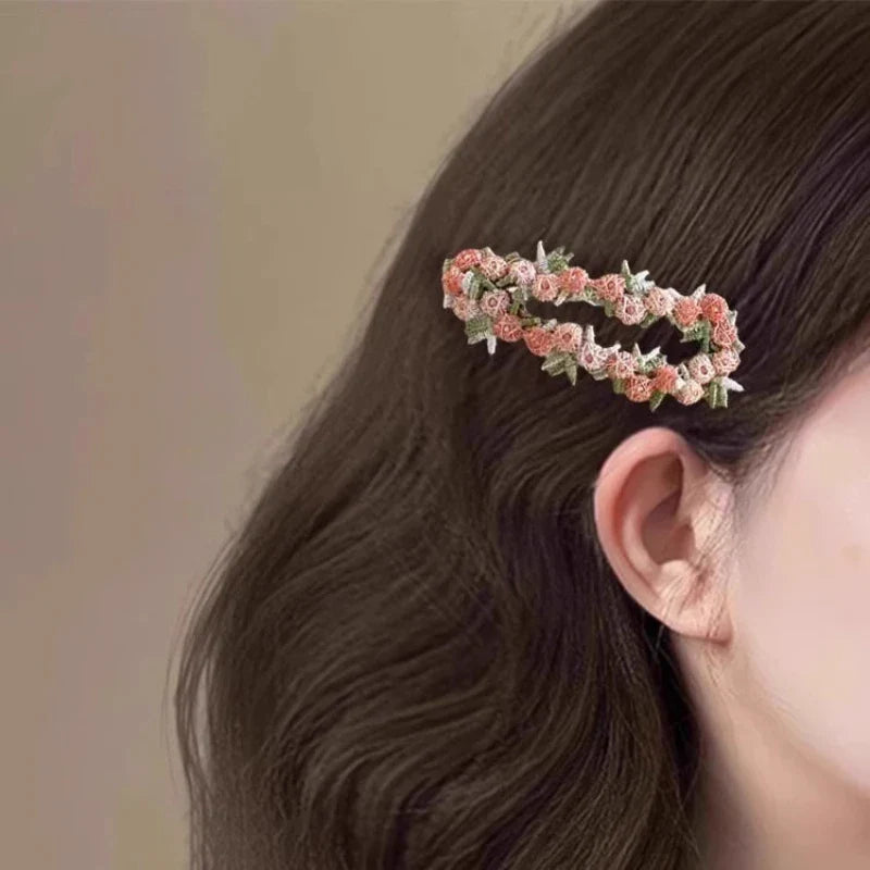 Pink Embroidered Flower Hairpin for Girls Kids Hair Clip Bangs Side Hair Accessory Barrettes