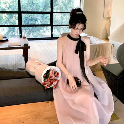 Women's Pink Halter Neck Maxi Dress With Black Bow Detail Sheer Chiffon Flowy Resort Party Dress