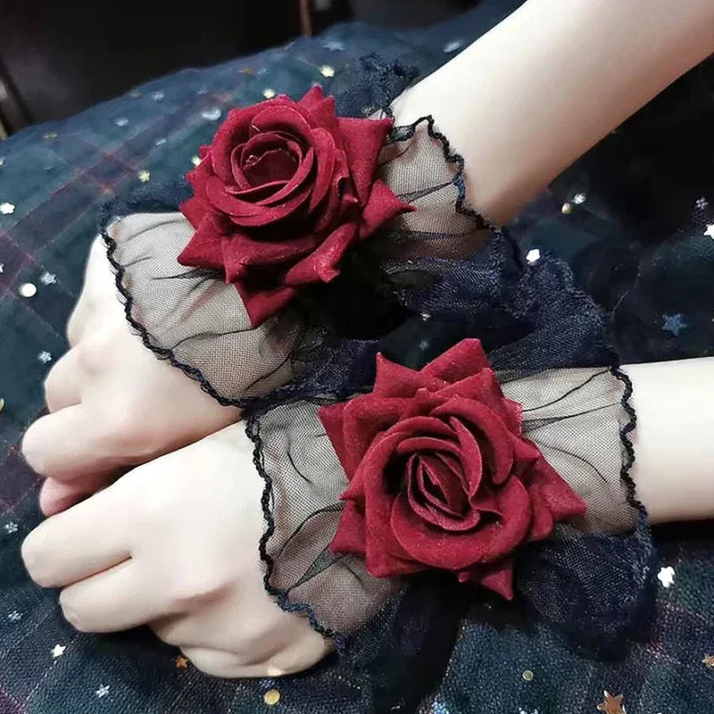 Dark Gothic Red Rose Wristband Flowers Mesh Hand Ornaments Fake Sleeve Detachable Lace Wrist Bands Bracelets Accessories