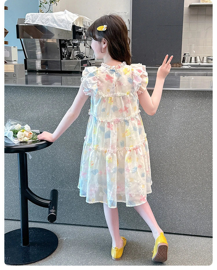 Summer girl's dress new style children's Western style floral chiffon princess dress printed baby's park play skirt