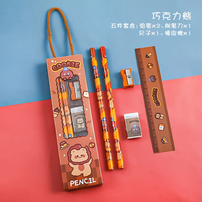 5pcs/Set Cute Cartoon Pencil Stationery Set Children Student Back To School Stationery Supplies Kawaii Kids Prize Christmas Gift