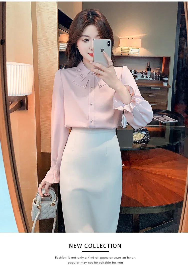 Elegant Long Sleeve Chiffon Shirts Women Autumn Winter Fashion White Blusa Feminina Korean Style Office Ladies Tops Blouses