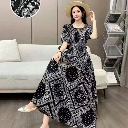 Summer New Cotton Silk Dr Casual High Waist Floral Print Beachwear Outerwear Slimming Waist Long Skirt A-Line Gown