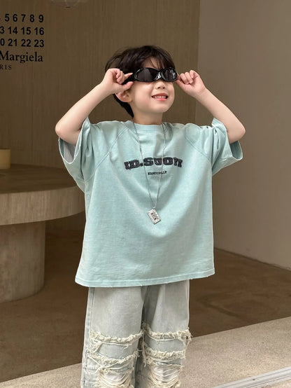 Summer Collection Children's Short Sleeves Grinding Embroidered Half Sleeve T-shirt