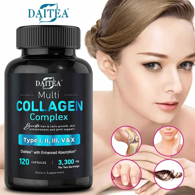 Collagen Complex (Types I, II, III, V, X) - with Digestive Enzyme Blend, Non-GMO - 120 Capsules, for Men and Women