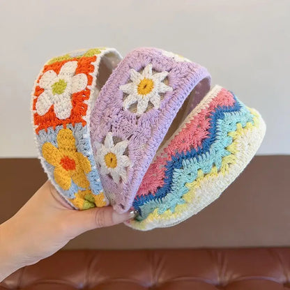 Sweet Embroidery Flower Kids Hair Hoops Colorful Knit Woolen Autumn Winter Wide Hairband for Girl Headwear