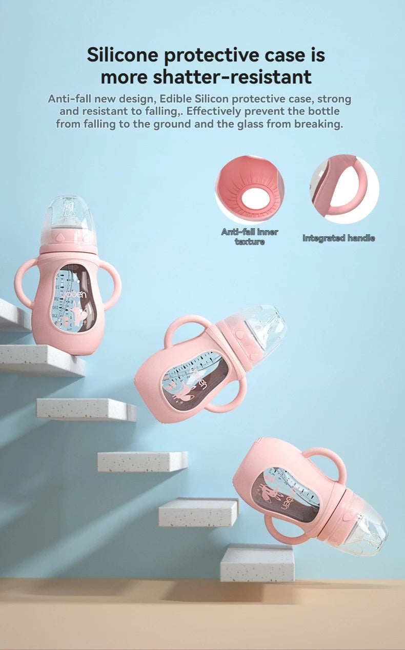Wide Neck Glass Baby Bottle with Silicone Sleeve & Anti-Colic Straw Nipple – BPA-Free Newborn Feeding Set for Weaning Transition