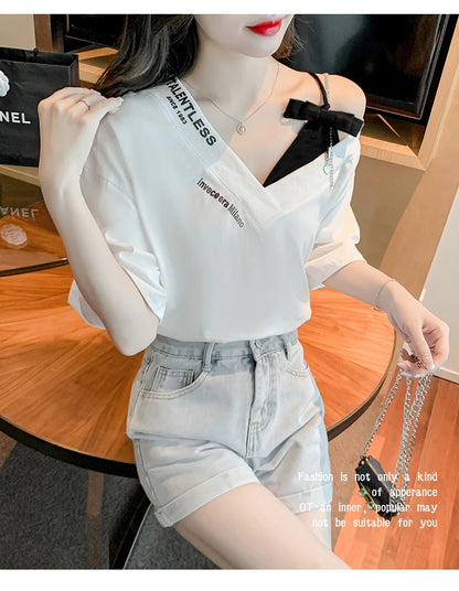 Unique Design oulder Bared ort Sve V-Ne Loose T-irt for Women  Knot Print Splice Asymmetrical Korean Sle