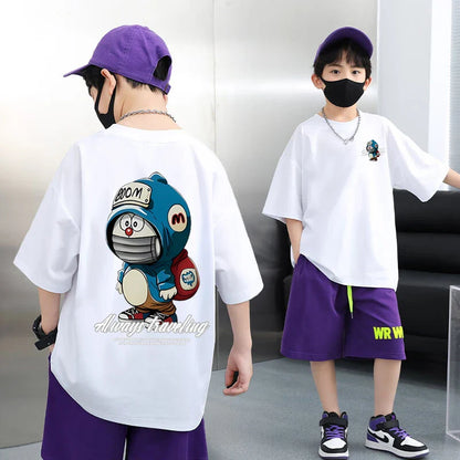 Summer 100% Cotton Boys Blue T-shirt Cool Graffiti Printed Girls Tees Short Sleeve Children Tops High Quality Kids Clothes