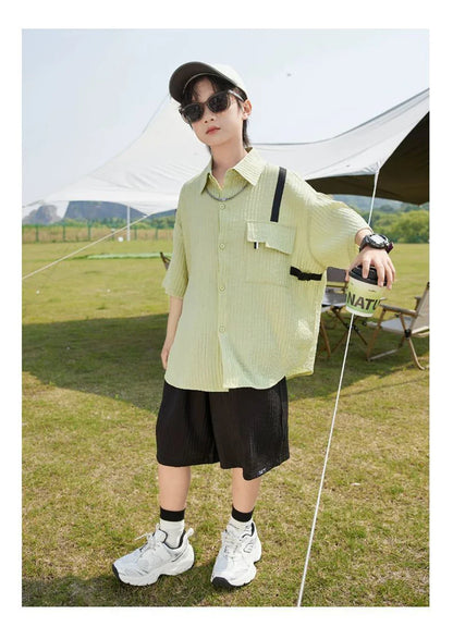 New Children Summer Thin Short Sleeved Shirt Shorts Two Piece Set Children Stylish Clothing Trend