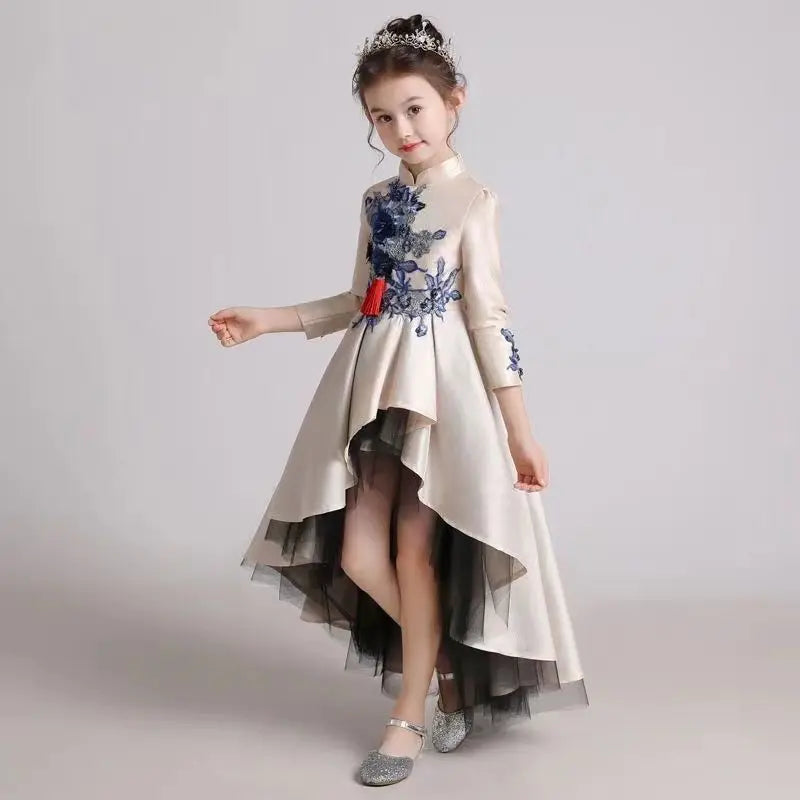 Girls' Fashion Evening Dress Children's Chinese Style Host Piano Performance Costume Dress Kids' Stand up Embroidered SkirtLI852 (Available)