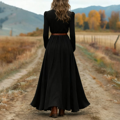 Women's Spring Autumn Retro Western Style V-neck Long Sleeve Dress Fashion Casual Long Dresses Elegant Party Dresses(no belt)