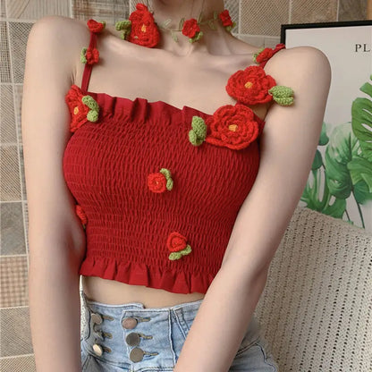 Camis Women 3D Decoration Patchwork Crop Top Slim Design Retro Classic Sexy Basic Korean Style Ulzzang Ins Holiday College Young