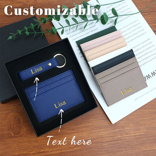 Customized name 1 set of pure color PU leather universal ultra-thin credit card wallet and PU leather keychain gift box set
