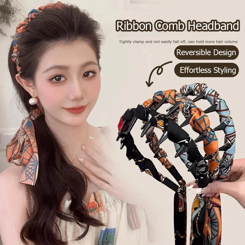 Ribbon Comb Headband, Vintage Wave Headband With Floral Ribbon & Comb - Reversible High Crown Effect Hairband