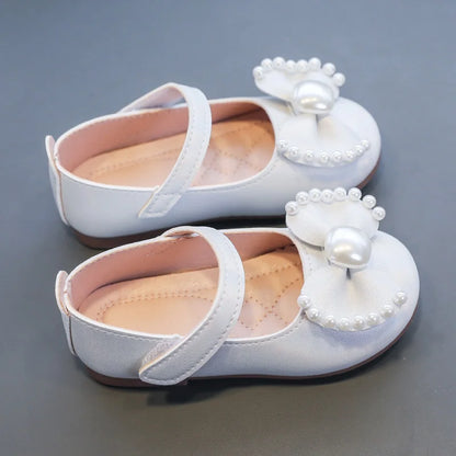 Girl's Leather Shoes Casual Simple Bowtie with Pearls 2024 New Flat Shoes Soft Sole Baby Kids Dress Shoes Children Party Flats