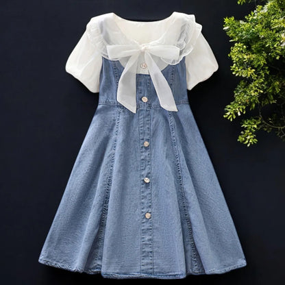 Teenagers Kids School Denim Dresses for Girls Outfits Cotton Dress Short Sleeve Summer Baby Children Costumes 5 7 9 11 13 Years