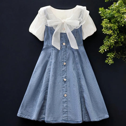 Teenagers Kids School Denim Dresses for Girls Outfits Cotton Dress Short Sleeve Summer Baby Children Costumes 5 7 9 11 13 Years