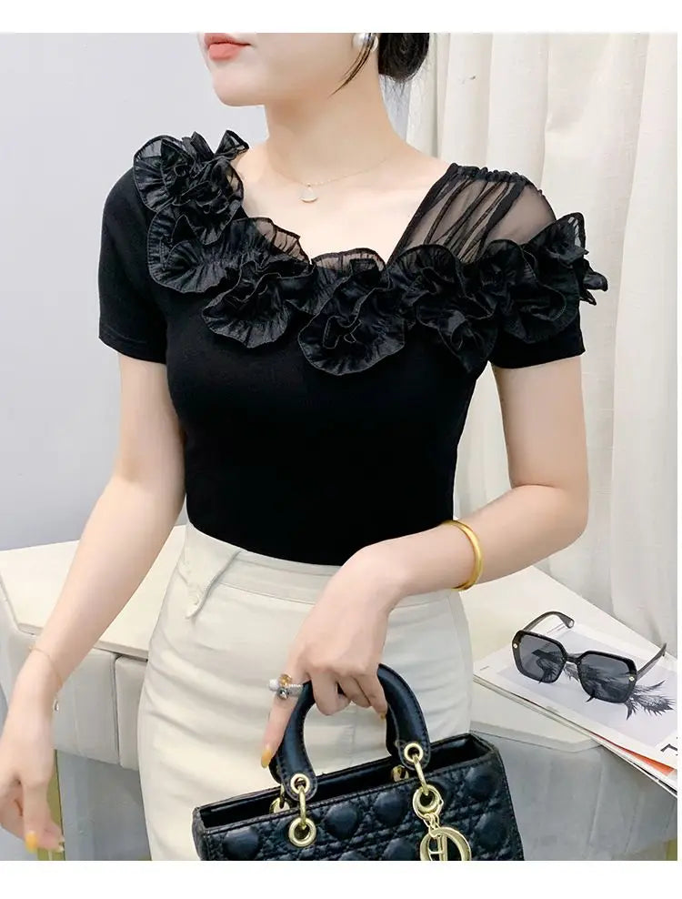 Faionable Floral Lace Ear ort Sve Slimming Me oulder Bared T-Shirt Women's Casual Sle Polyester Fabric Tee irt