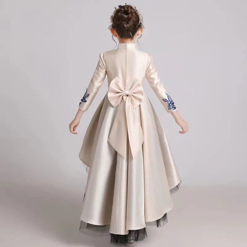 Girls' Fashion Evening Dress Children's Chinese Style Host Piano Performance Costume Dress Kids' Stand up Embroidered SkirtLI852 (Available)