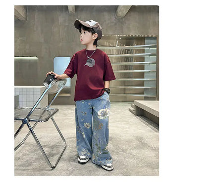 Boys' Summer Outfit Sets New Style Children's Short Sleeved T-shirt Long Pants Two-piece Suits Big Children's Stylish Sets