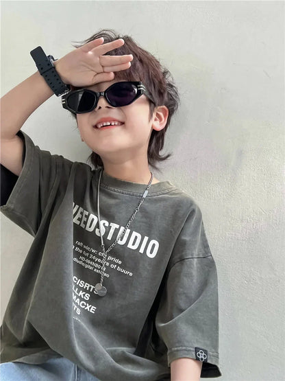 Pure Cotton Children's Short Sleeved Simple Trendy Letters Faded and Worn Half Sleeved T-shirts Boys Girls Stylish