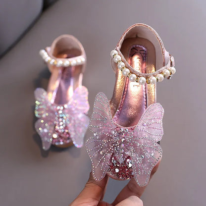 Girls Leather Shoes Children's Lace Butterfly Rhinestone Pearls Beading Performance Single Shoes Fashion Weeding Kids Shoes