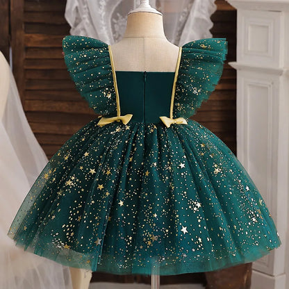Child's Party Dress Children's Summer Princess Bow Star Sequin Gauze Skirt Girls Skirt Sweet Dress Fashion Kid's Dress Puffy