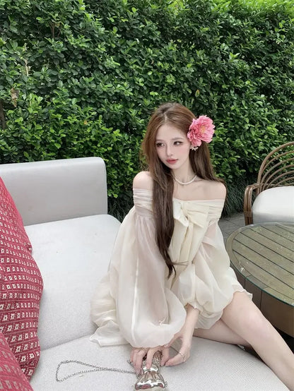 Bow Slash Neck Vestidos Off Shoulder Dress Sexy Sweet Vestido Fairy Mini Loose Dresses Spring 2026 New Long Sleeve Ropa Mujer