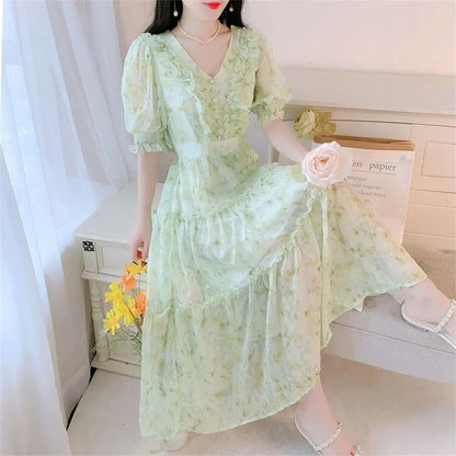 Boho Dress Women Floral Print Wrap Long Holiday Dress Ruffles Female Casual V-Neck Beach A Line Beach Dress Party Vestidos