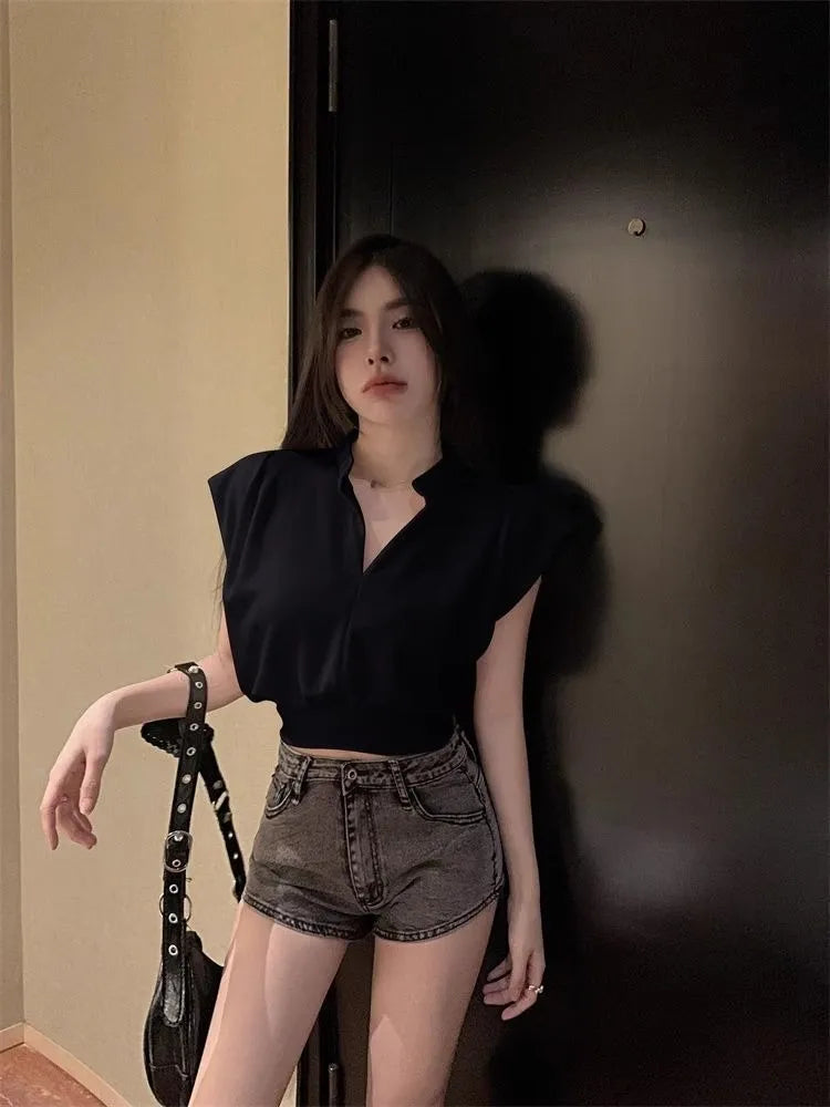 White V-Ne Slim Fit ort Sve T-irt Women's Summer New Sle Small Size Loose Faion Top Korean Sle Commute Wind