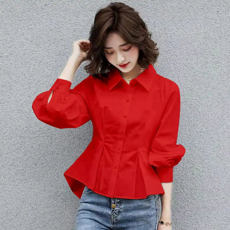 Stylish Lapel Button Spliced All-match Folds Lantern Sleeve Shirt Women's Clothing 2022 Autumn New Casual Tops Loose Chic Blouse