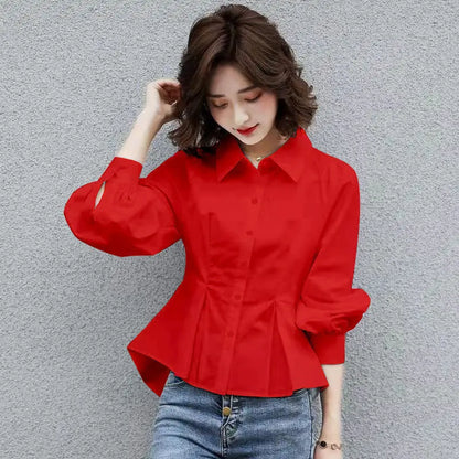 Stylish Lapel Button Spliced All-match Folds Lantern Sleeve Shirt Women's Clothing 2022 Autumn New Casual Tops Loose Chic Blouse