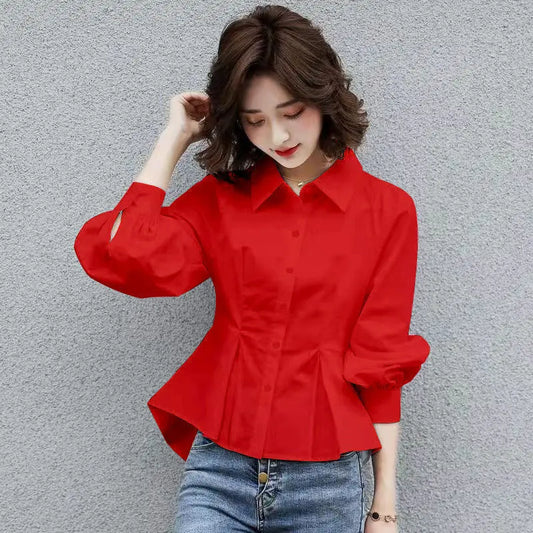 Stylish Lapel Button Spliced All-match Folds Lantern Sleeve Shirt Women's Clothing 2022 Autumn New Casual Tops Loose Chic Blouse