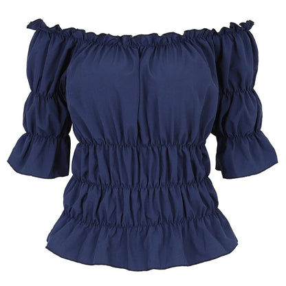 Women Renaissance Peasant Blouse Peplum Top Ruffle Sleeve Off-Shoulder Shirts 3/4 Sleeve Elastic Waist