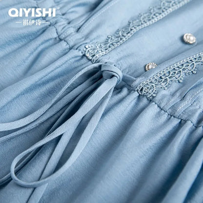 Elegant French Style V-Neck High End Blue Long Sleeve Blouse 2025 Fall New Belt Lace-up Fashion Slim Cinched Waist Tops Shirts