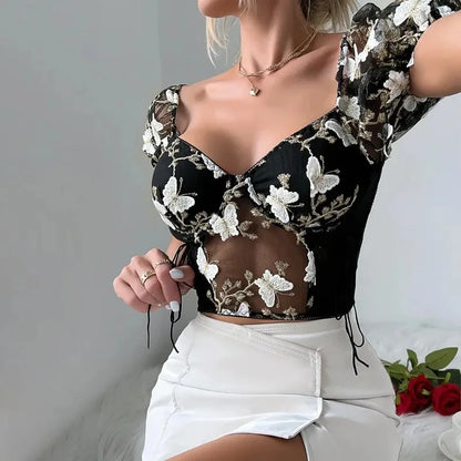 Women Summer Sexy Mesh Flower Embroidery Design Puff Sleeve Fishbone Corset Ins Style Slim-fit Sweet Spice Girl Short Crop Tops