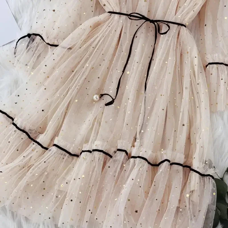 Mesh Dresses Women Patchwork Sequined Holiday O-Neck Spring Korean Style Elegant Vestido Feminino Sweet College Female Popular