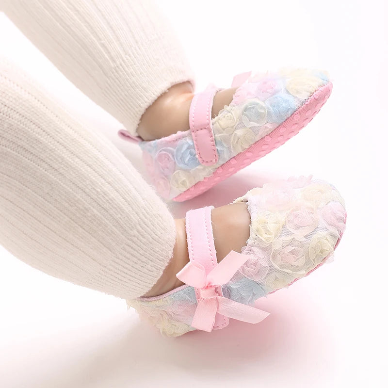 Cute Flower Baby Princess Shoes With Bow Decoration Soft Sole Comfortable Flat Shoes Suitable For 0-18M Infants And Toddlers