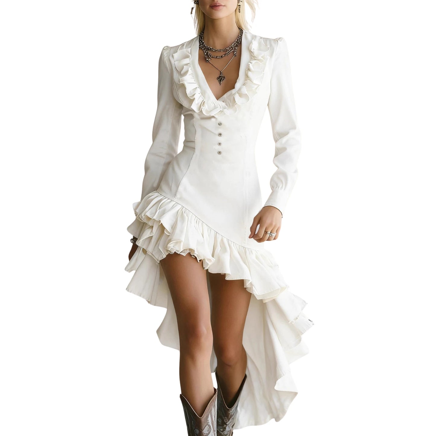 Retro Western Countryside Style Dress Ruffle Lace Collar Irregular Hem Dress Winter Women'S Fashionable Dress