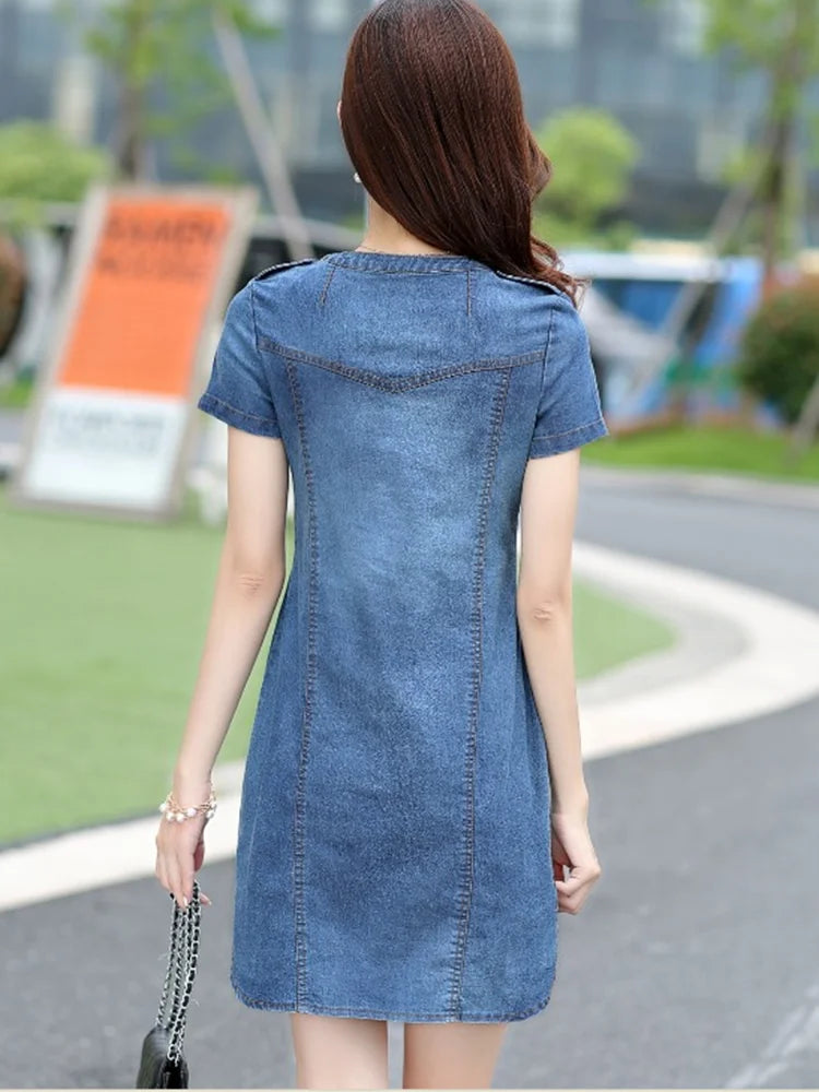 Summer Fashion Women Denim Dresses Casual Short Sleeves V-neck Mini Dresses Elegant Solid Office Ladies Dresses Robe