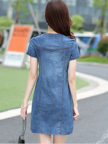 Summer Fashion Women Denim Dresses Casual Short Sleeves V-neck Mini Dresses Elegant Solid Office Ladies Dresses Robe