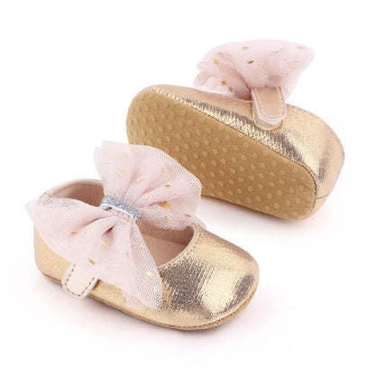 Spring and Autumn New Girl Baby Princess Shoes Mesh Bow 0-12 Months Baby Shoes Single Shoes Learning Walking Shoes