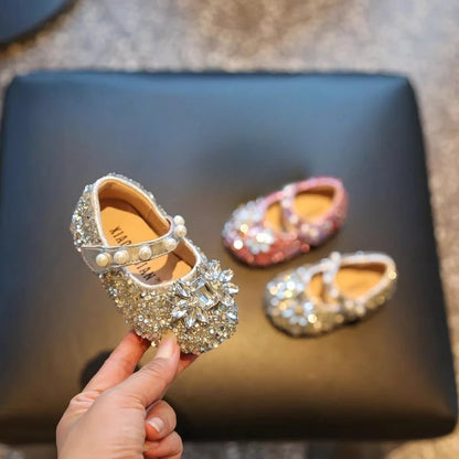 Toddler Kids Princess Shoes Shiny Crystal Girls Flats Sweet Glitter 2025 New Fashion Baby Walking Shoes Soft Bottom Non-slip