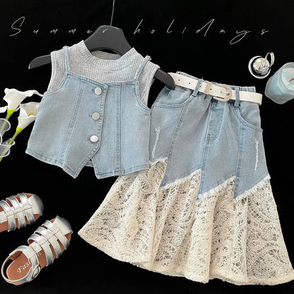 Girls Baby Summer Clothing Set Denim 4pcs Suits Top Vests+Tees+lace Skirts+Belt,fashion Kids Children Birthday Casual Clothes