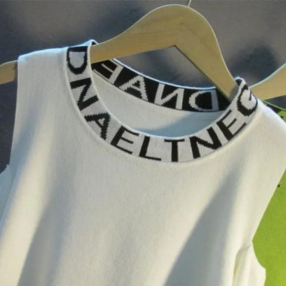 Women's Round Neck Autumn Winter High Waisted Short Off Shoulder Letter Stripe Long Sleeved Pullover Knitted Bottom Sweater Tops
