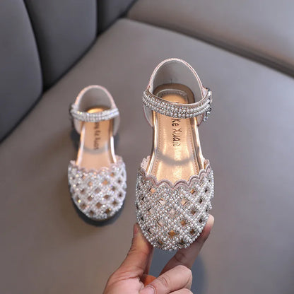 Children Spring Summer Korean Version Dance Shoes Girls Pearl Show Shoes Girl Rhinestone Princess Lace Leather Shoes Solid Color