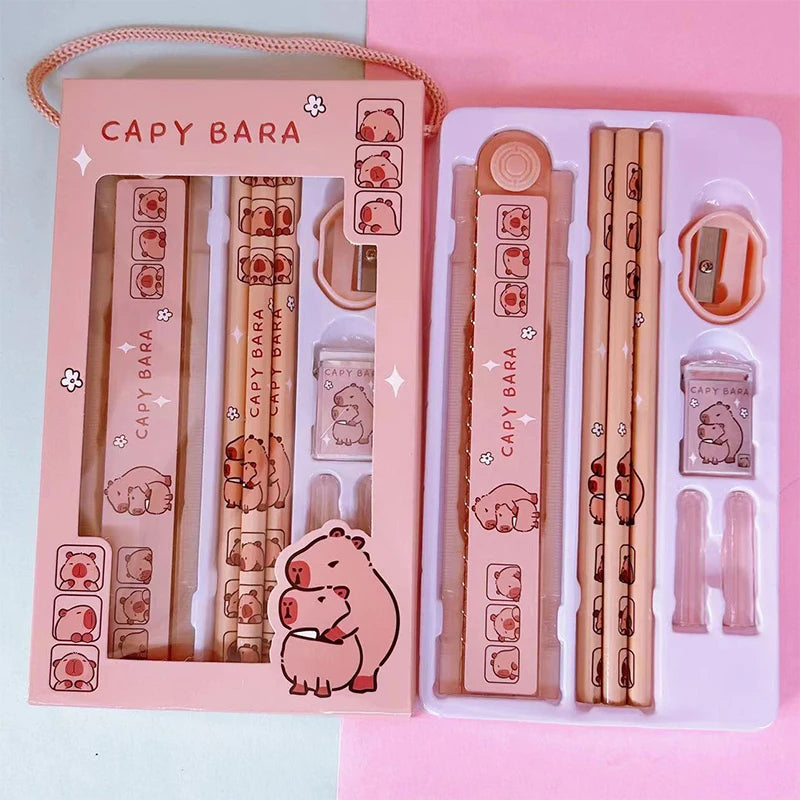 1Set 8 In 1 Student Stationery Capybara Pencil Ruler Eraser Sharpener Set Office Accessories School Writing Supplies Kids Gifts