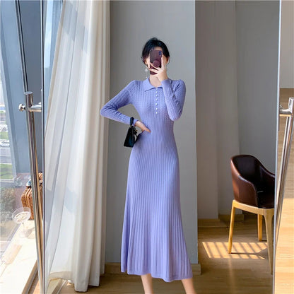 Sweater Dress Women New 2025 Autumn Winter Purple White Or Black High Waist A Line Dress Elegant Long Knitted Dress